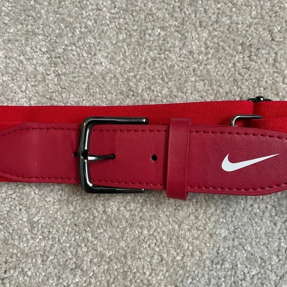Nike Belt Red Elastic Belt with Red Leather Trim Silver Buckle One Size